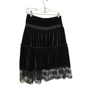 Womens 90s Y2K Vintage Black Velvet Skirt Lace Detail Size Medium